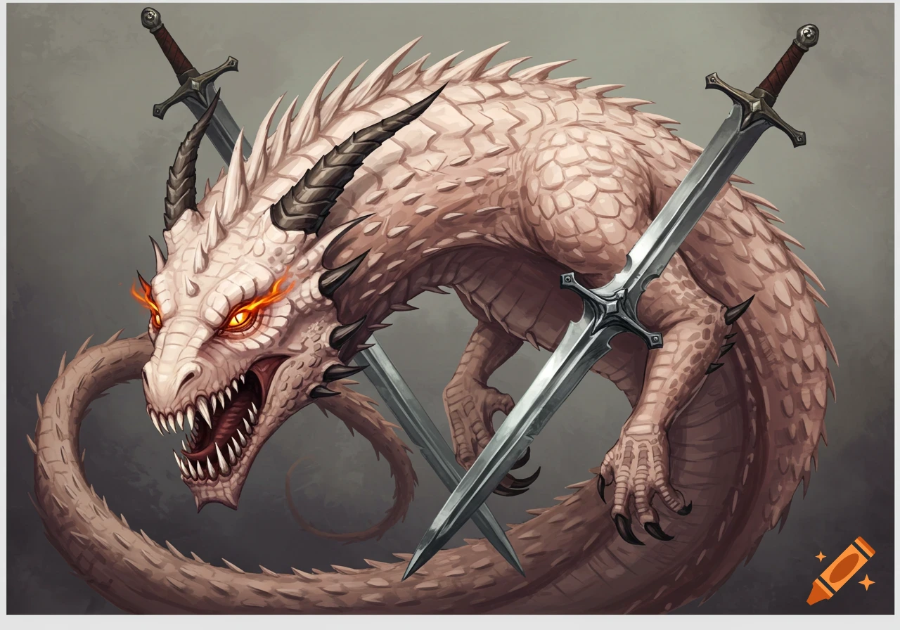 A fantasy illustration of a pale dragon with fiery eyes, surrounded by swords.