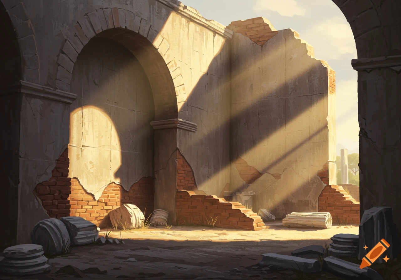 Ancient Roman ruins with arches and sunlight, painterly style.