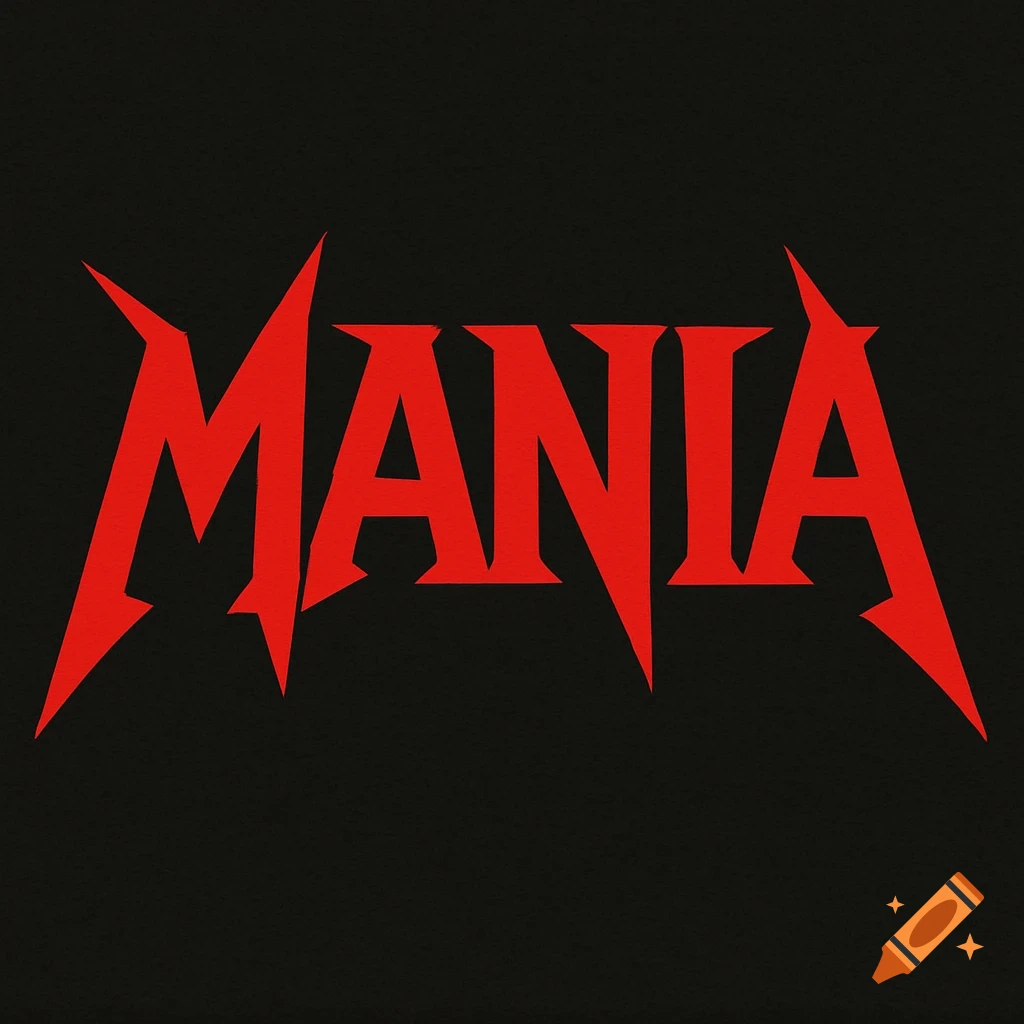 Red stylized heavy metal logo text 'MANIA' on a black background.