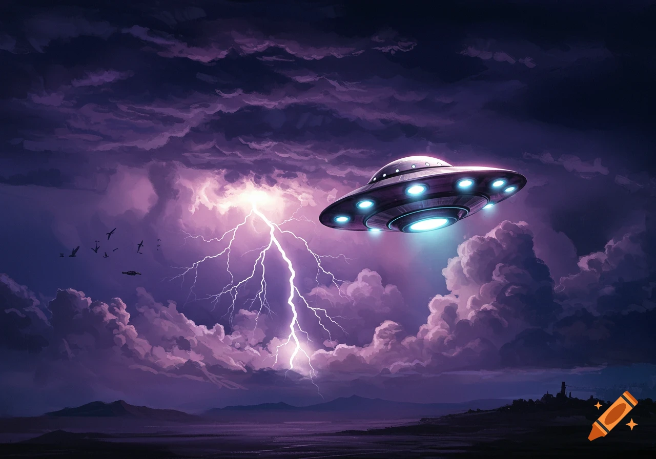 A UFO flies through a purple stormy sky with lightning over a dark landscape.