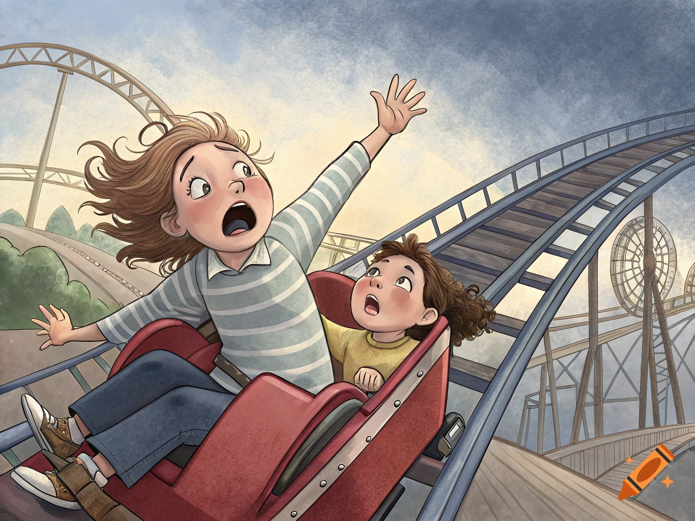 Illustration of two scared children riding a roller coaster.