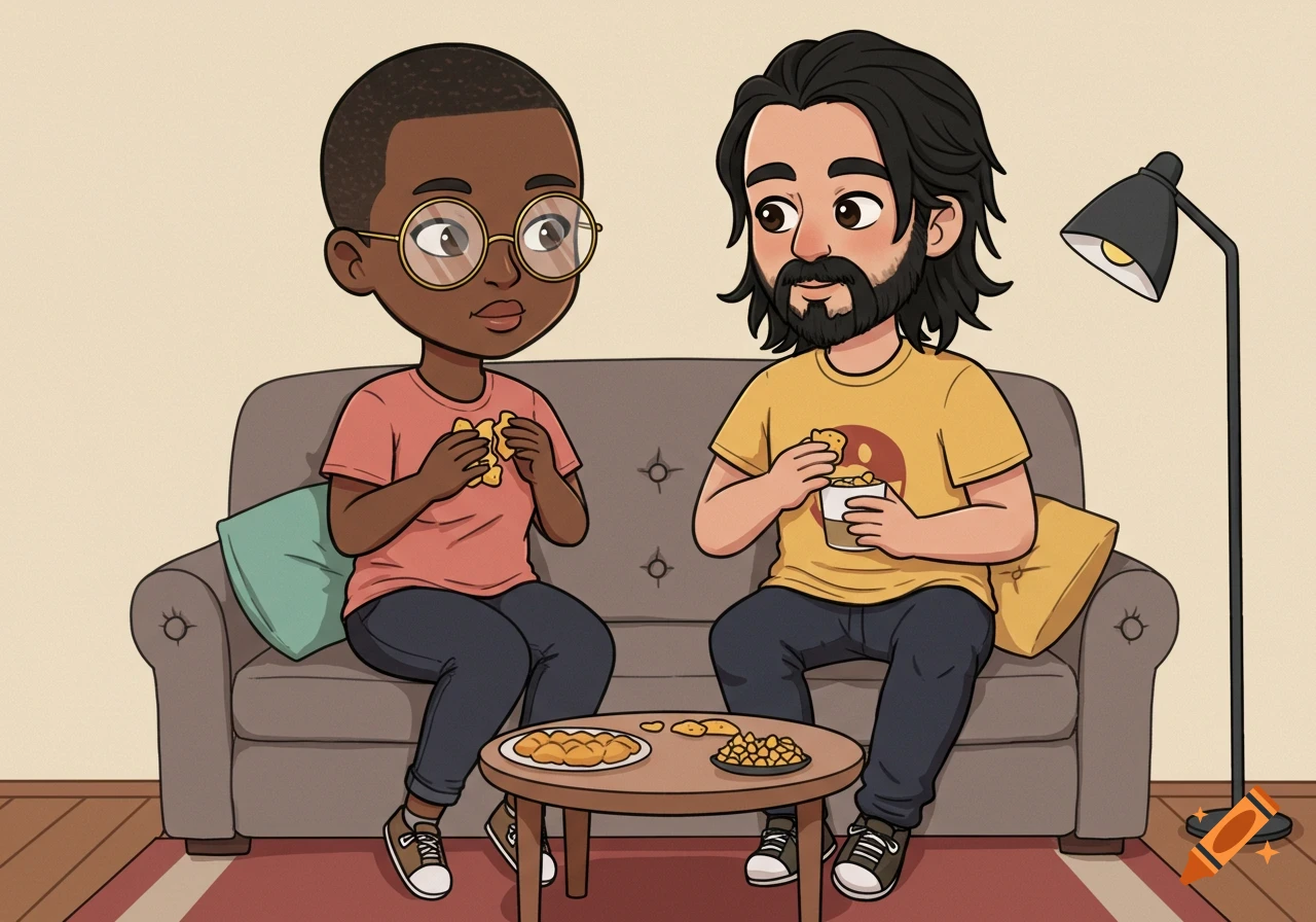 Cartoon of a man and woman sitting on a couch eating snacks.