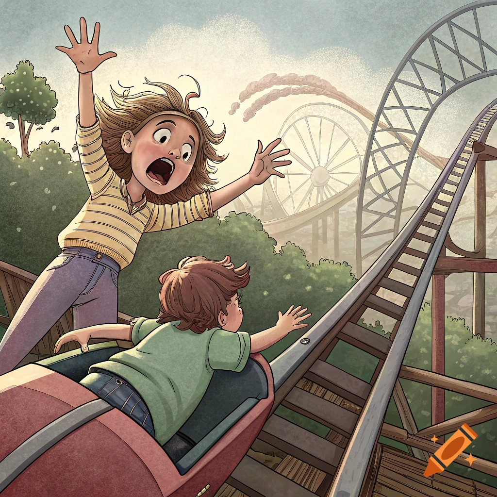 Illustration of two scared kids riding a roller coaster uphill at an amusement park.