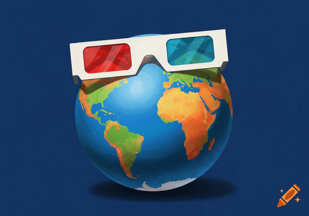 An illustration of a globe wearing red and blue 3D glasses.