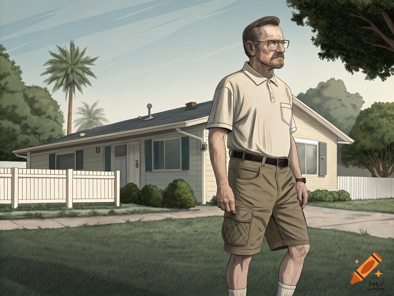 Illustrated man resembling Walter White stands in front of a suburban house