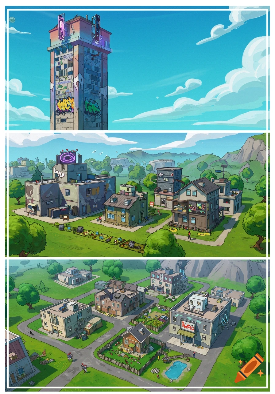 Cartoon style depiction of Fortnite locations, including a tall building with graffiti and smaller houses and shops in a green landscape.