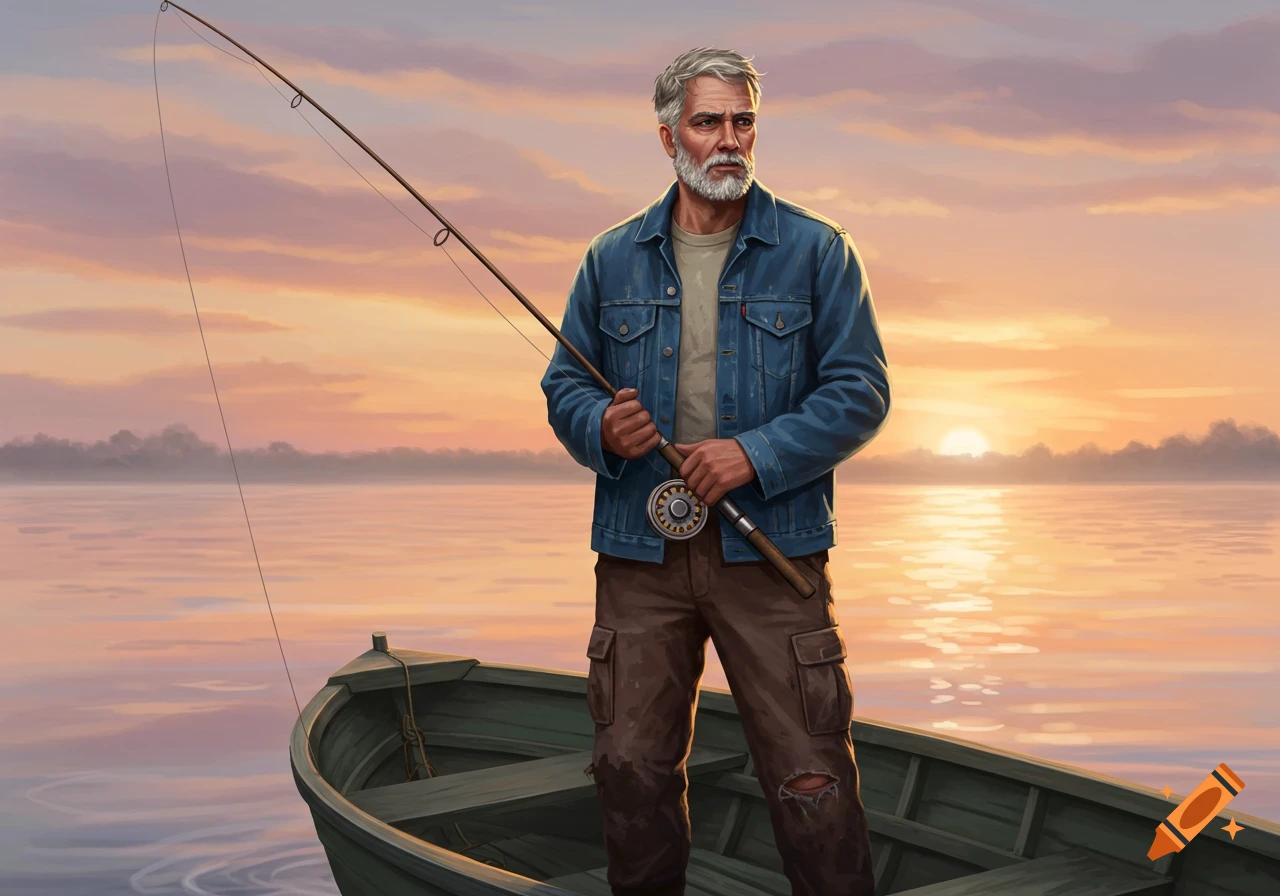 A man stands in a boat, fishing on a lake at sunset.