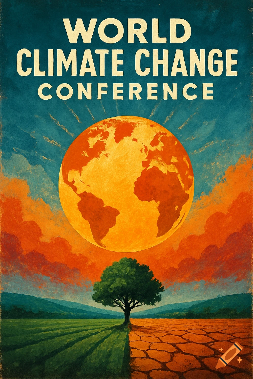 Poster with 'WORLD CLIMATE CHANGE CONFERENCE' text, showing a tree between green fields and cracked dry land under a large sun/earth.