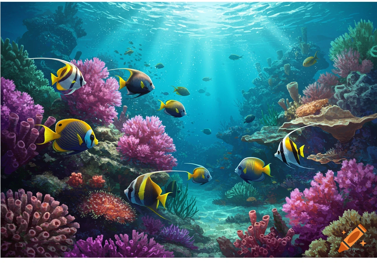 An underwater scene with tropical fish swimming among colorful coral reefs.