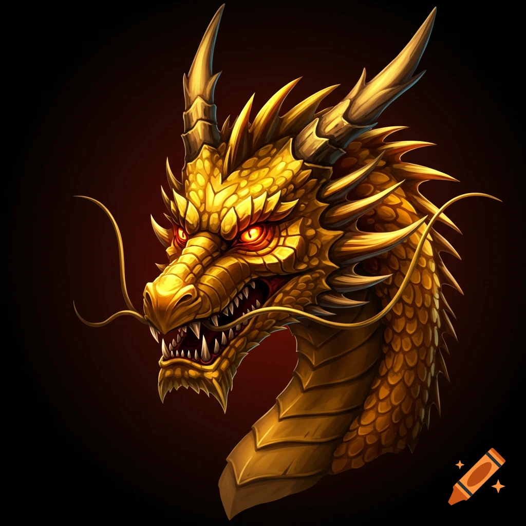 Close-up of a stylized golden dragon head with glowing red eyes.