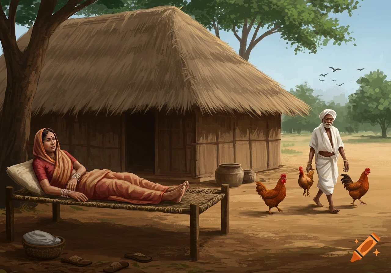 Painted scene of a woman on a cot, a man with chickens, and a thatched hut in a rural village.