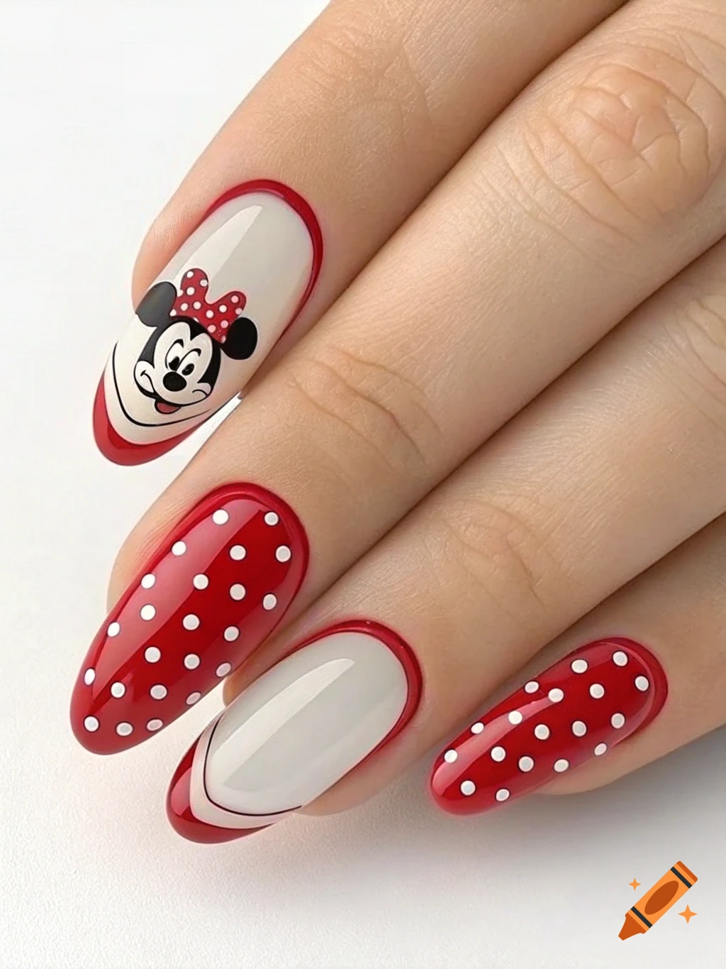 Almond nails with Minnie Mouse design, red french tips, and red polka dots.