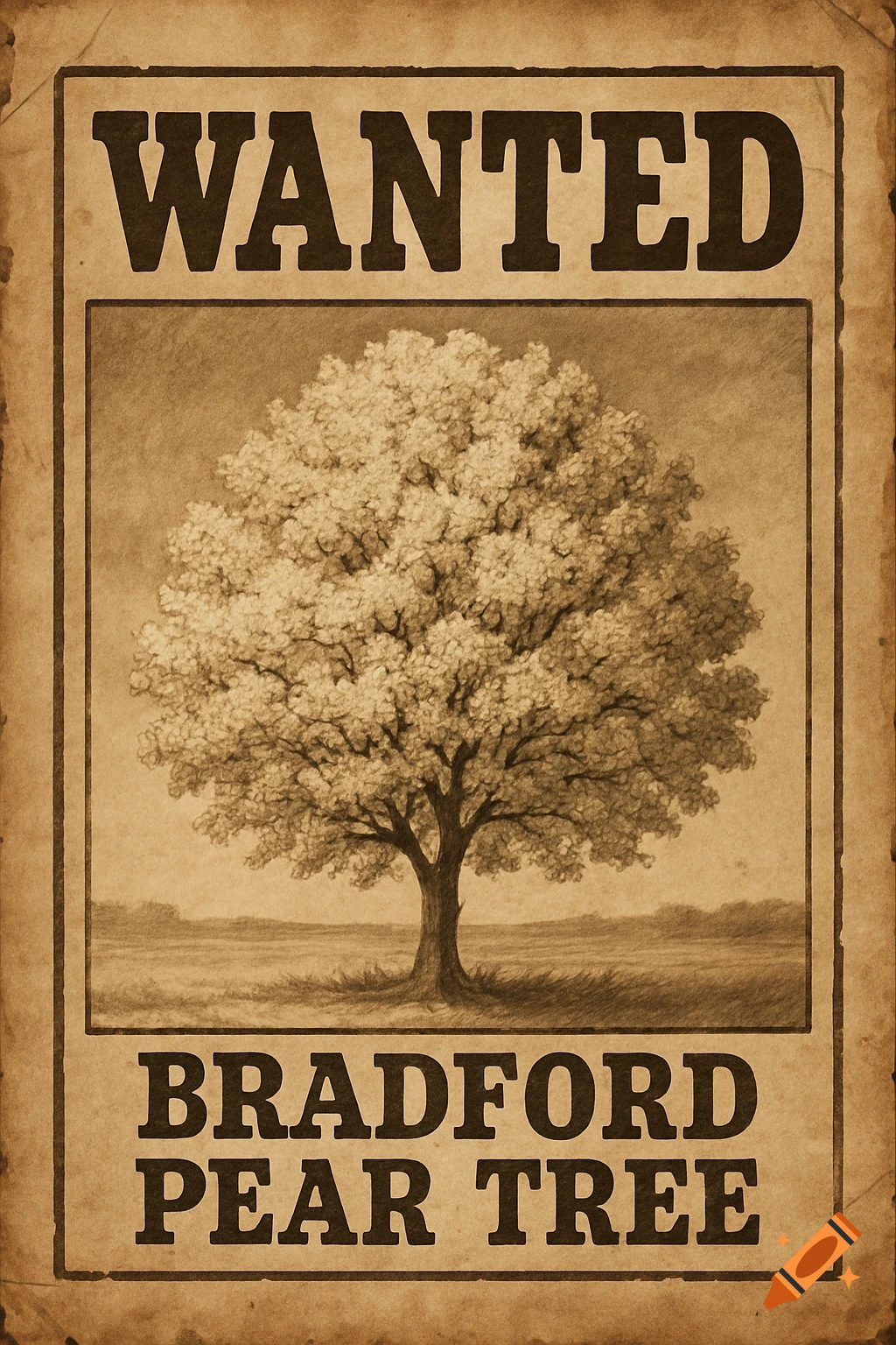 Wild west wanted poster drawing of a Bradford pear tree on old paper