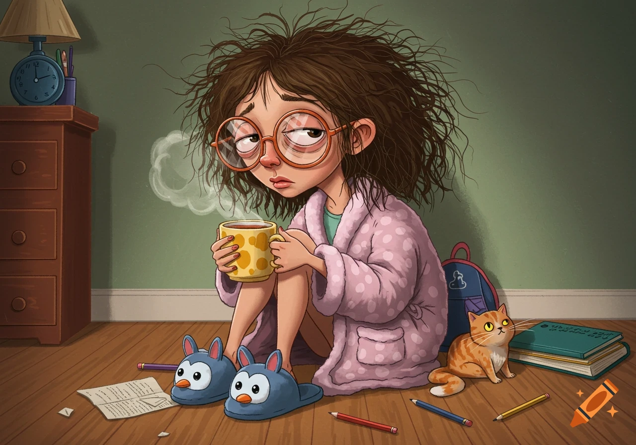Cartoon illustration of a tired girl with messy hair, glasses, robe, and penguin slippers, holding a mug and sitting on the floor with a cat and books nearby.