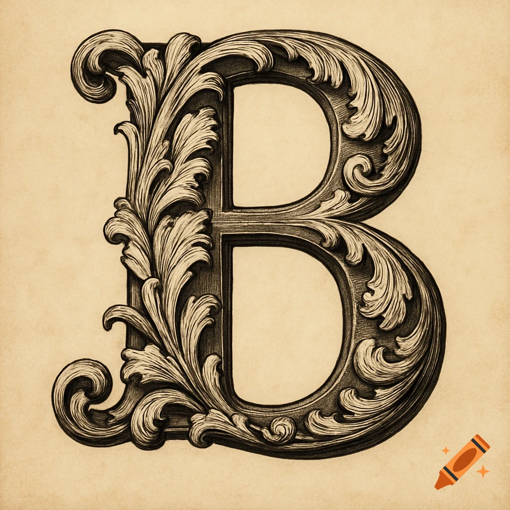A highly decorative capital letter B in the Baroque style.