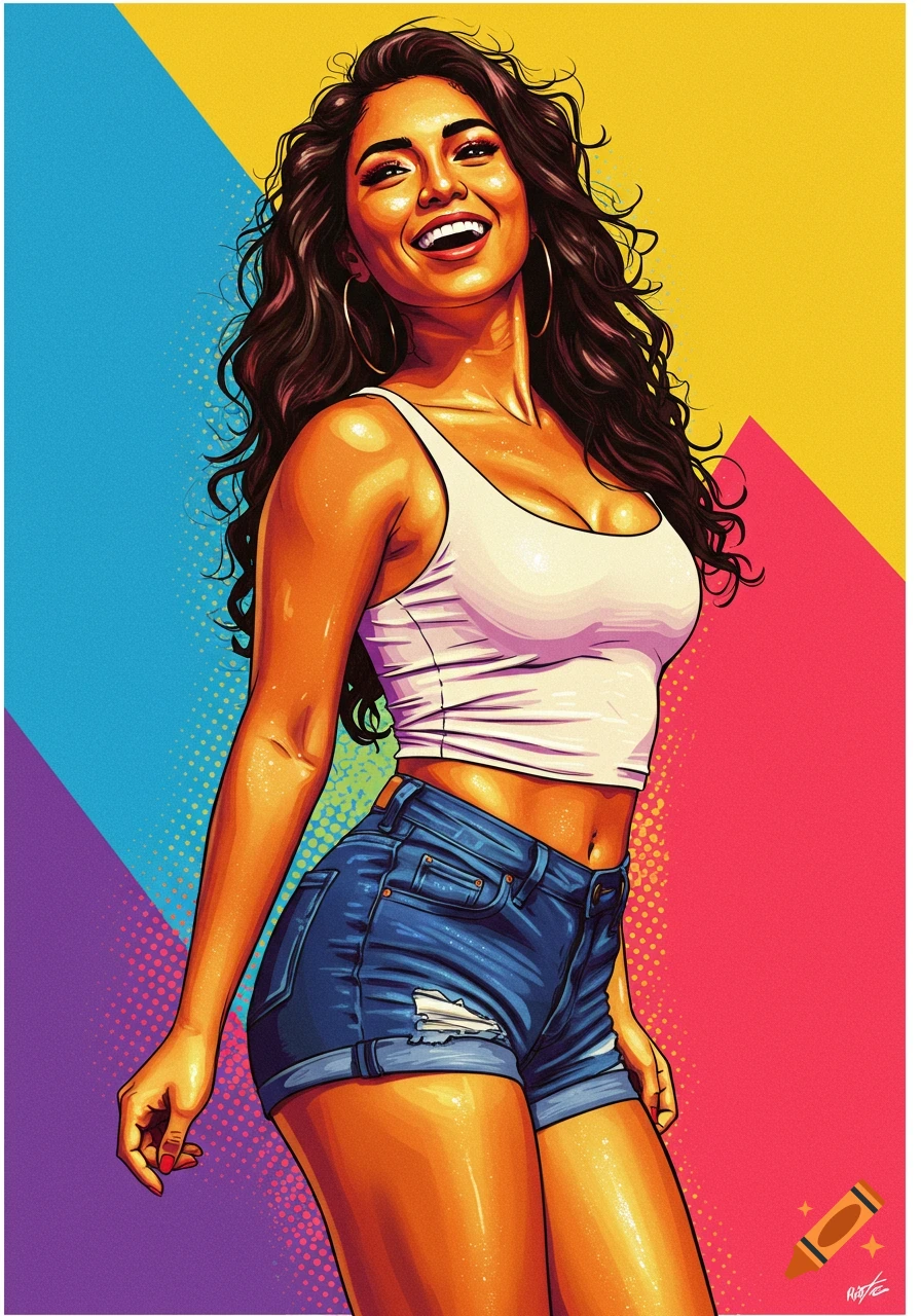 A smiling woman with long hair in a white tank top and denim shorts poses against a colorful background in a pop art style illustration.