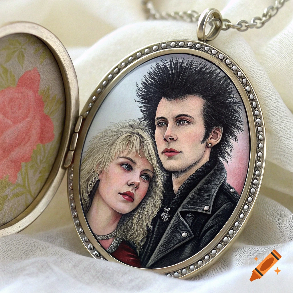 A cameo locket with a painted portrait of two punk rockers