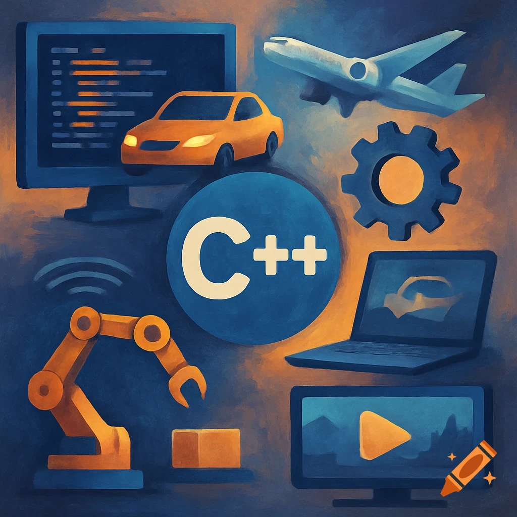 Digital painting of C++ logo with a car, airplane, robotic arm, gear, and computer screens showing code and video player.