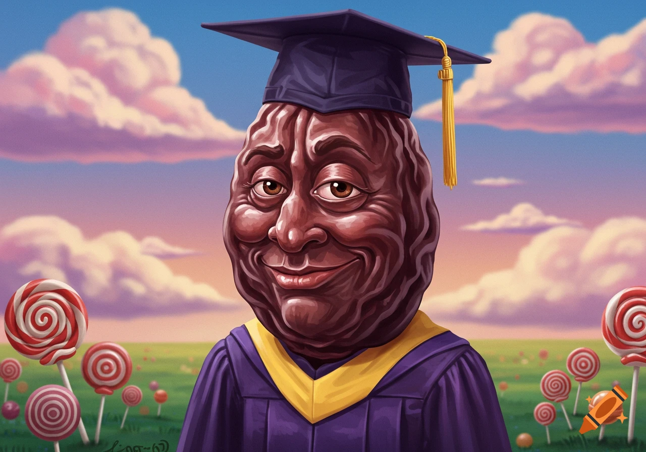 Cartoon prune character in a graduation cap and gown standing in a field of lollipops.