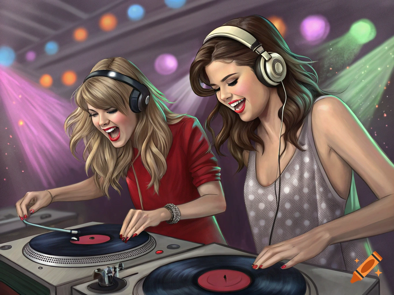 Illustration of Taylor Swift and Selena Gomez DJing on turntables in a club