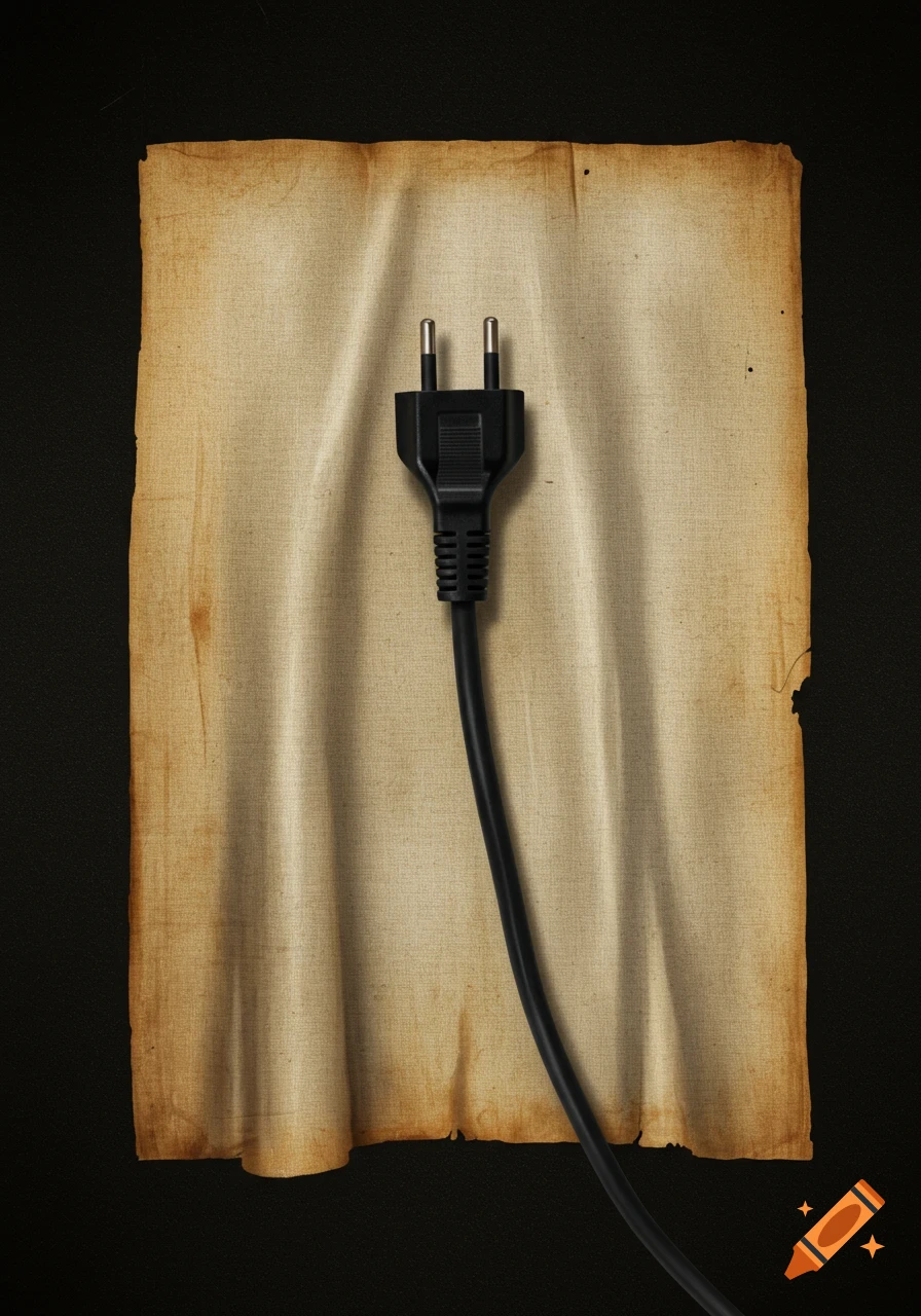A black power plug lies on a sheet of wrinkled, aged paper against a dark background.