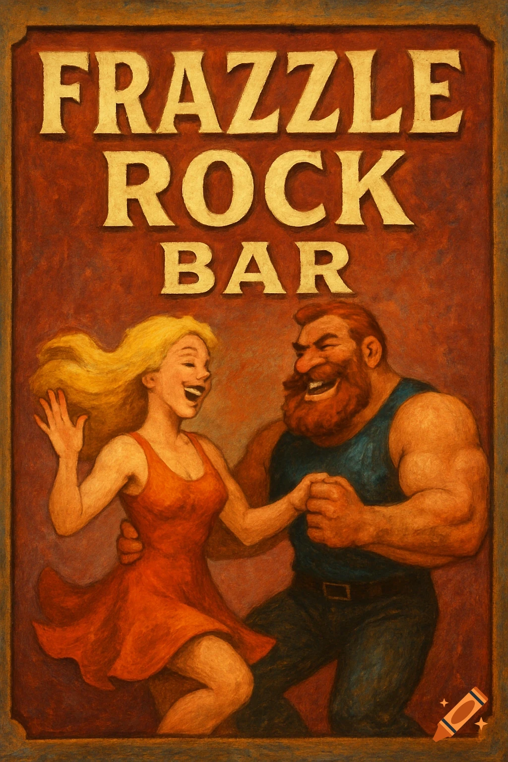 Sign for Frazzle Rock Bar with a woman and man dancing below in a painterly style.