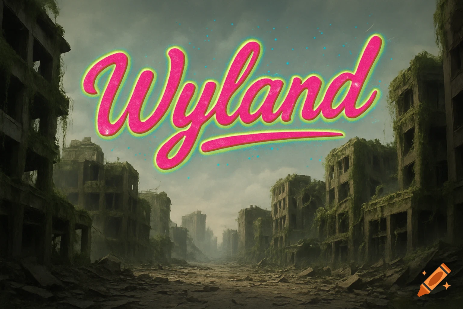 Pink and green stylized text 'Wyland' above a street of ruined buildings covered in vines.