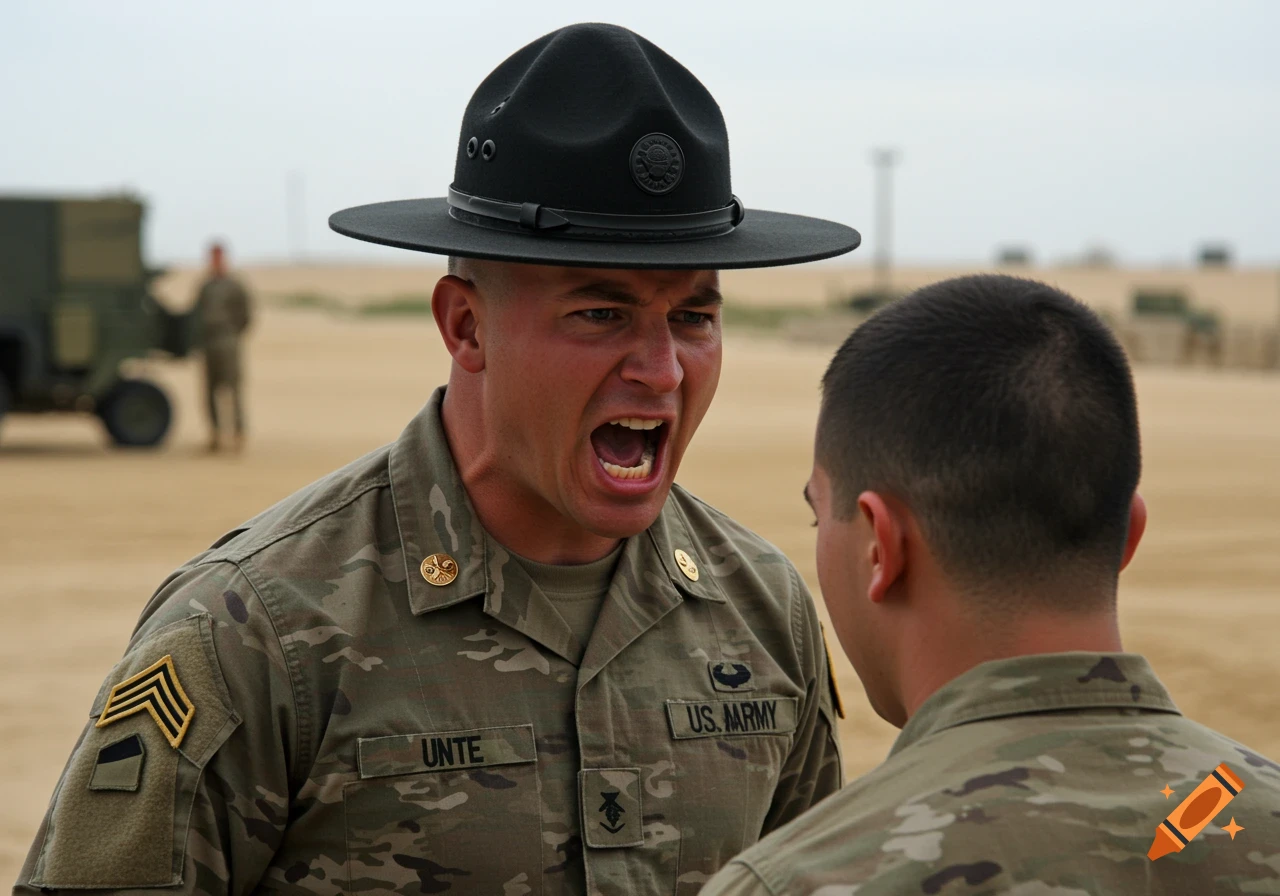Photorealistic image of a US Army drill instructor yelling at a recruit.