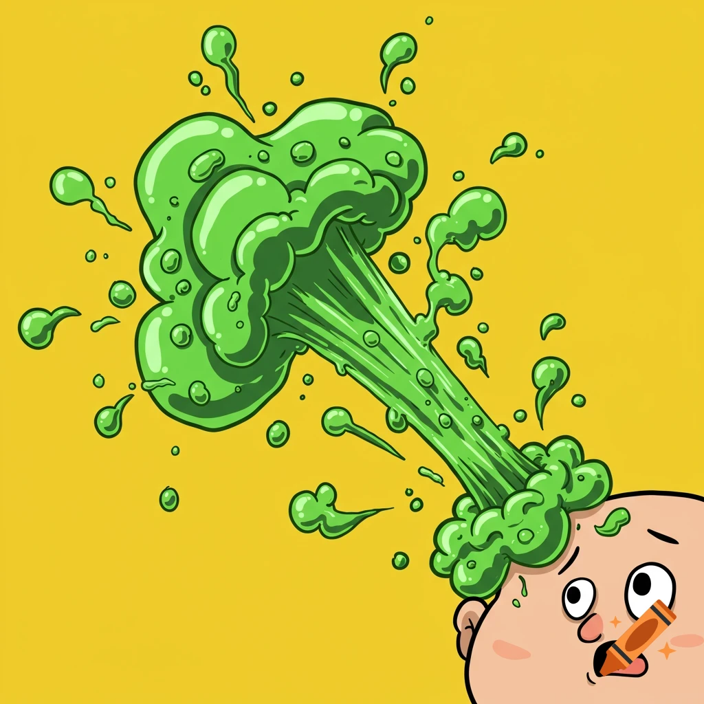 A cartoon illustration of green slime or snot exploding from a person's head.
