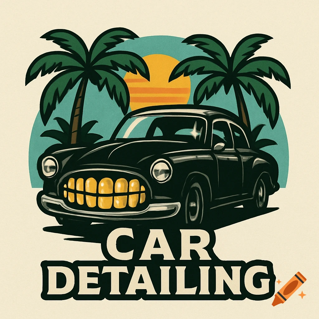 Logo of a black car with gold grille teeth, palm trees, and the text CAR DETAILING