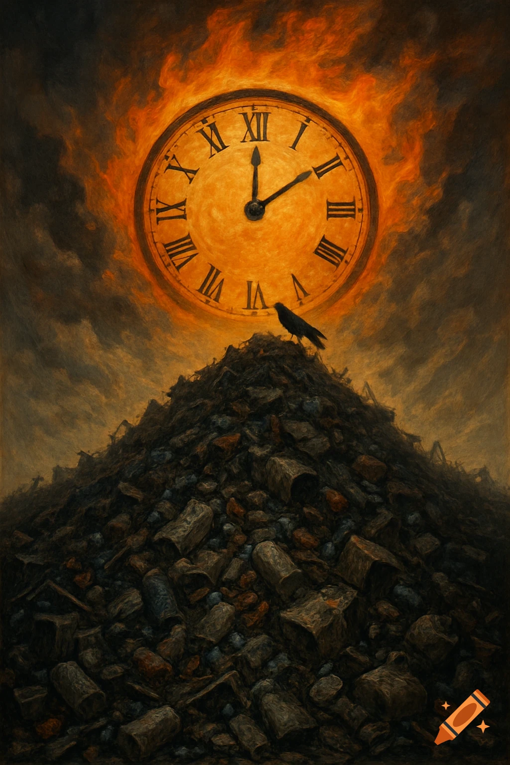 A large clock face with Roman numerals floats above a pile of rubble with a raven perched on top, against a fiery, smoky sky. Dark painterly style.