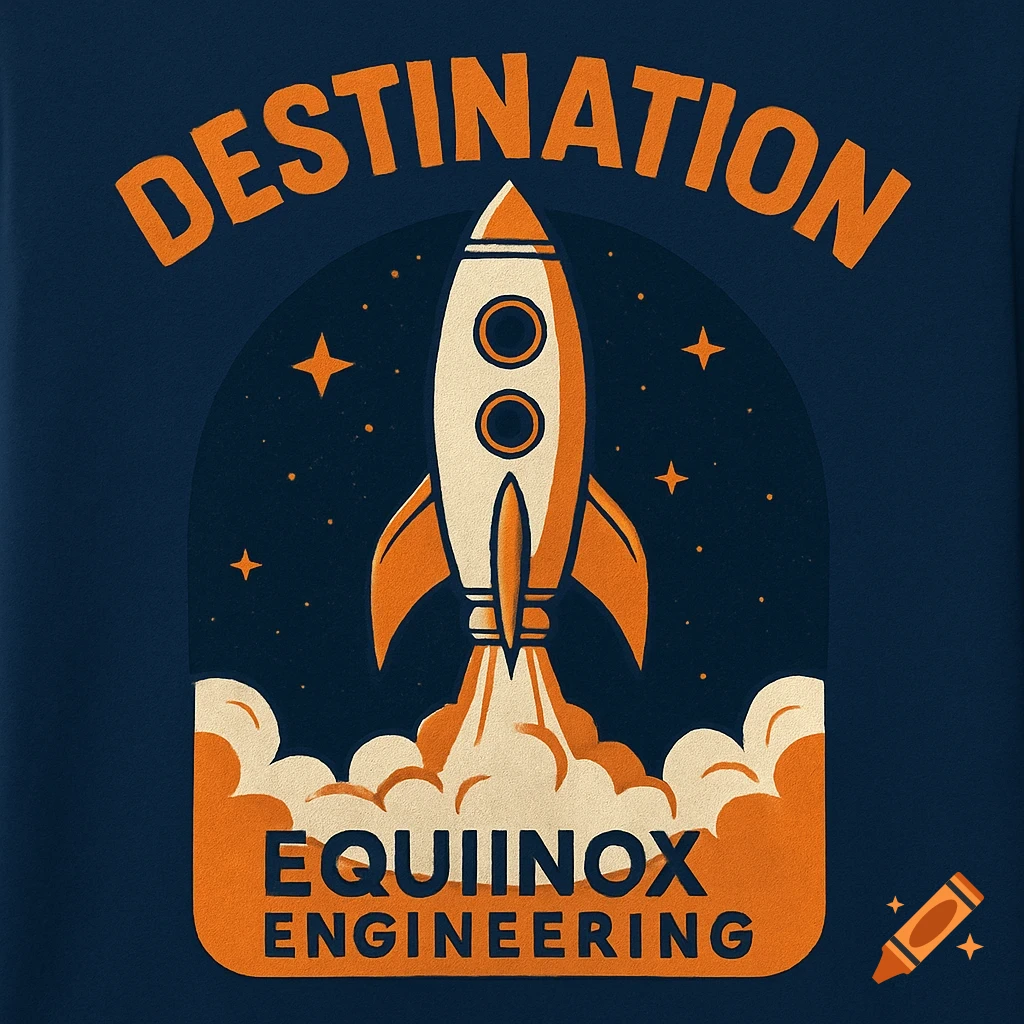 Retro illustration of a rocket launching in space with stars, clouds, and text. The colors are orange and navy blue.