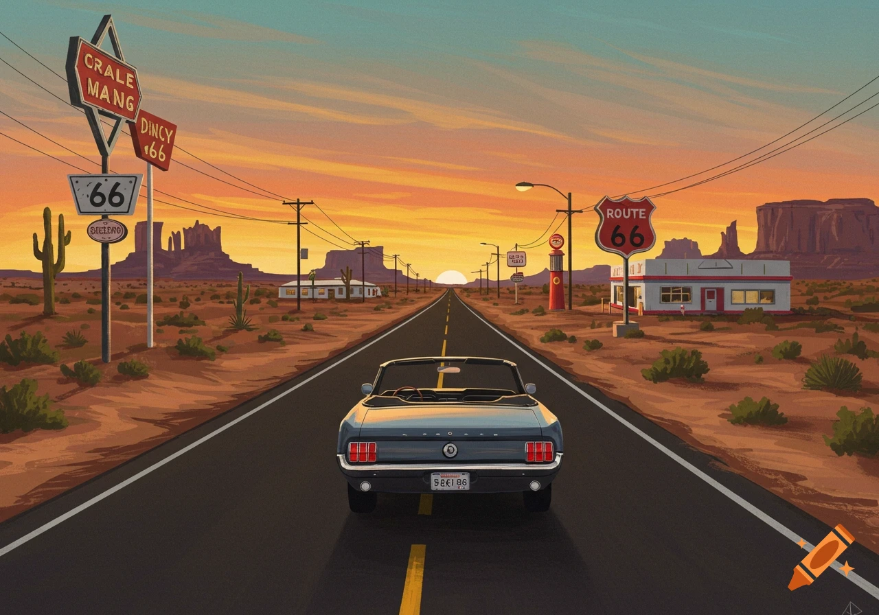 Stylized illustration of a blue classic car on Route 66 at sunset