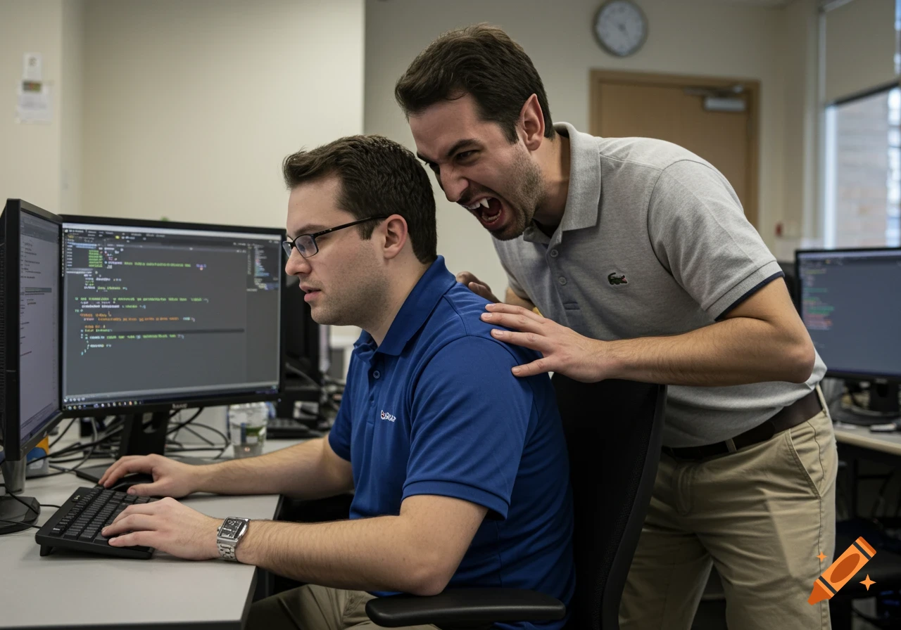 Two men in an office; one programmer works at a computer while a vampire crouches behind him, ready to bite.
