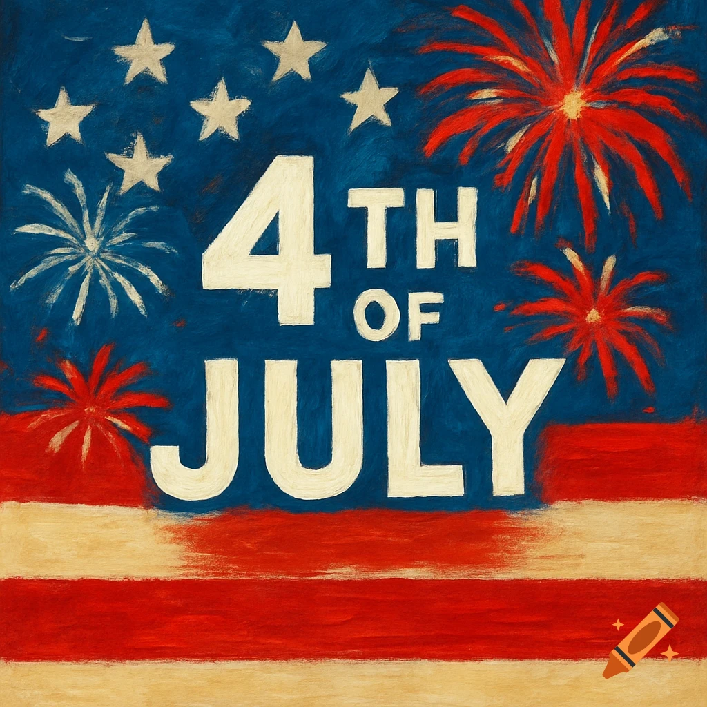 Painting of fireworks and stars on an American flag background with the text "4TH OF JULY".