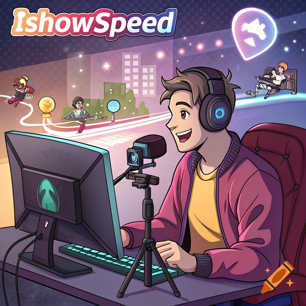 Cartoon illustration of a streamer sitting at a computer desk with a microphone.