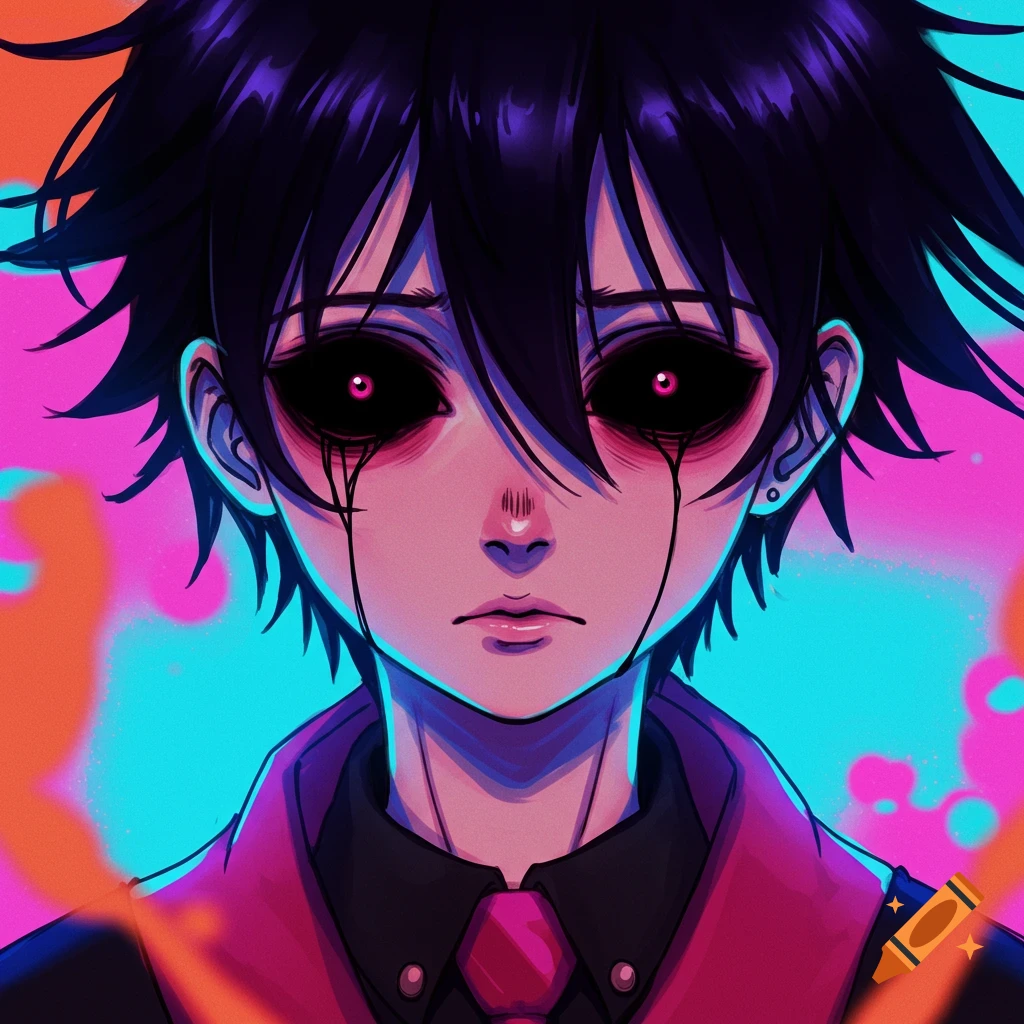 Anime portrait of a young person with black eyes dripping black liquid.