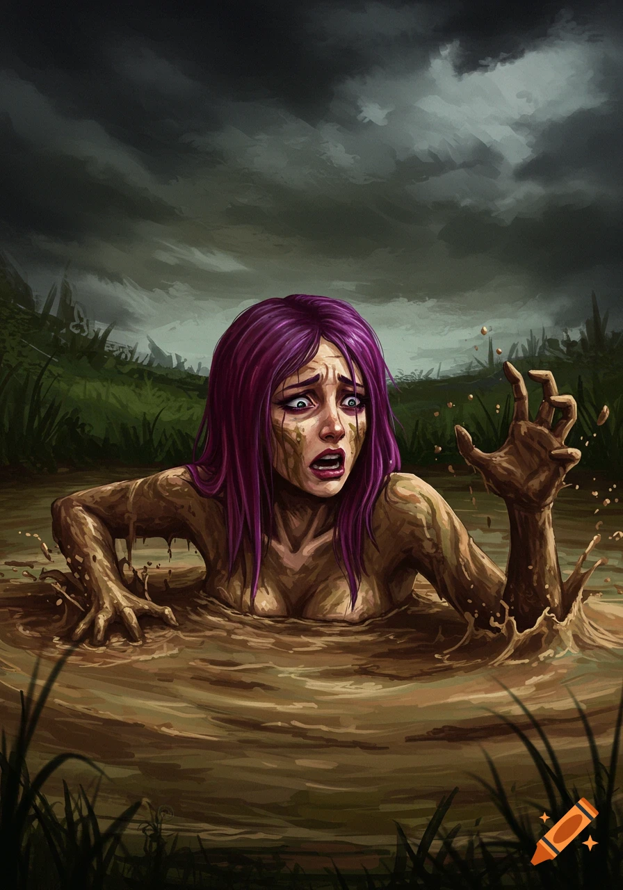 Illustrative painting of a woman with purple hair sinking into a muddy swamp, reaching out in distress.