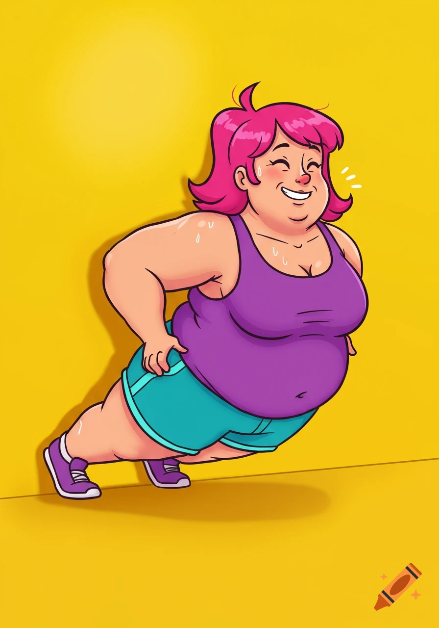 Cartoon of an overweight woman doing push-ups against a wall.