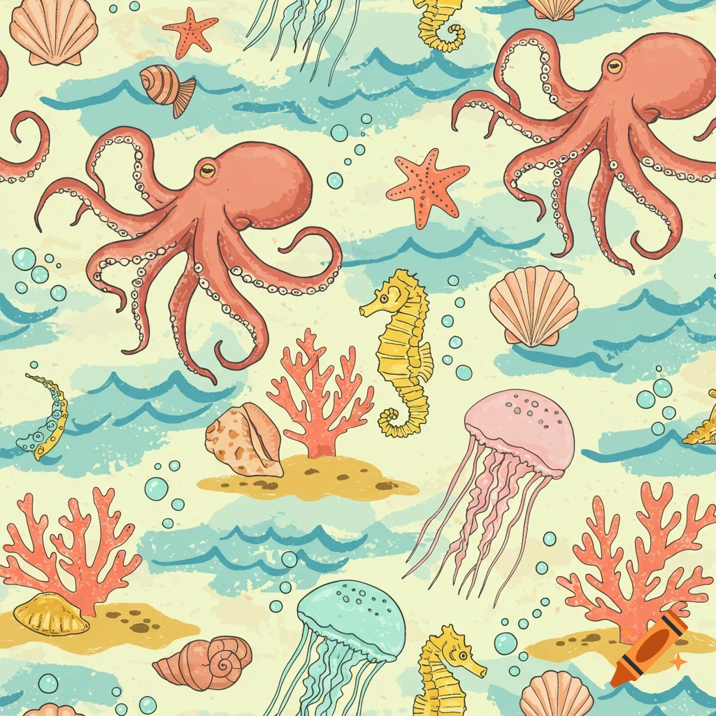 Seamless illustration pattern of octopuses, jellyfish, seahorses, and shells.