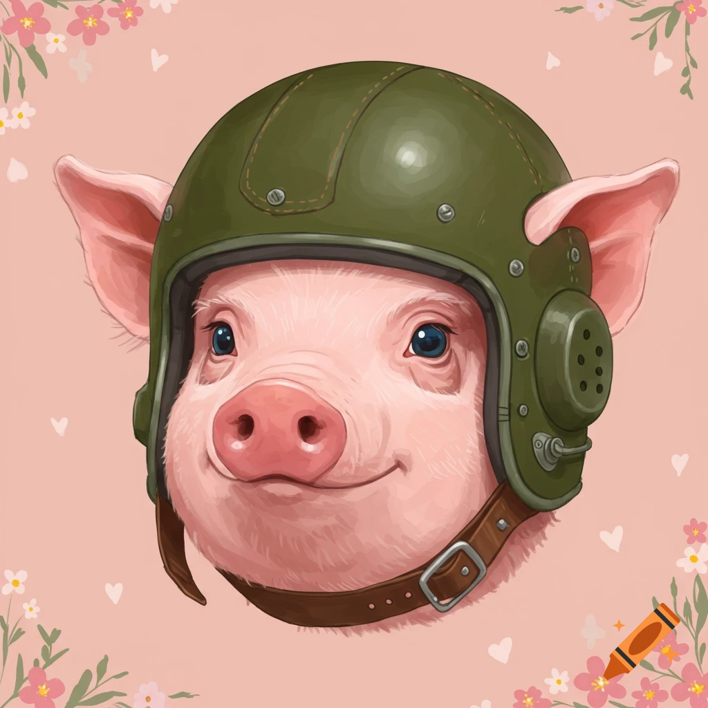 A cute pig wearing a green flight helmet against a pink background with flowers.