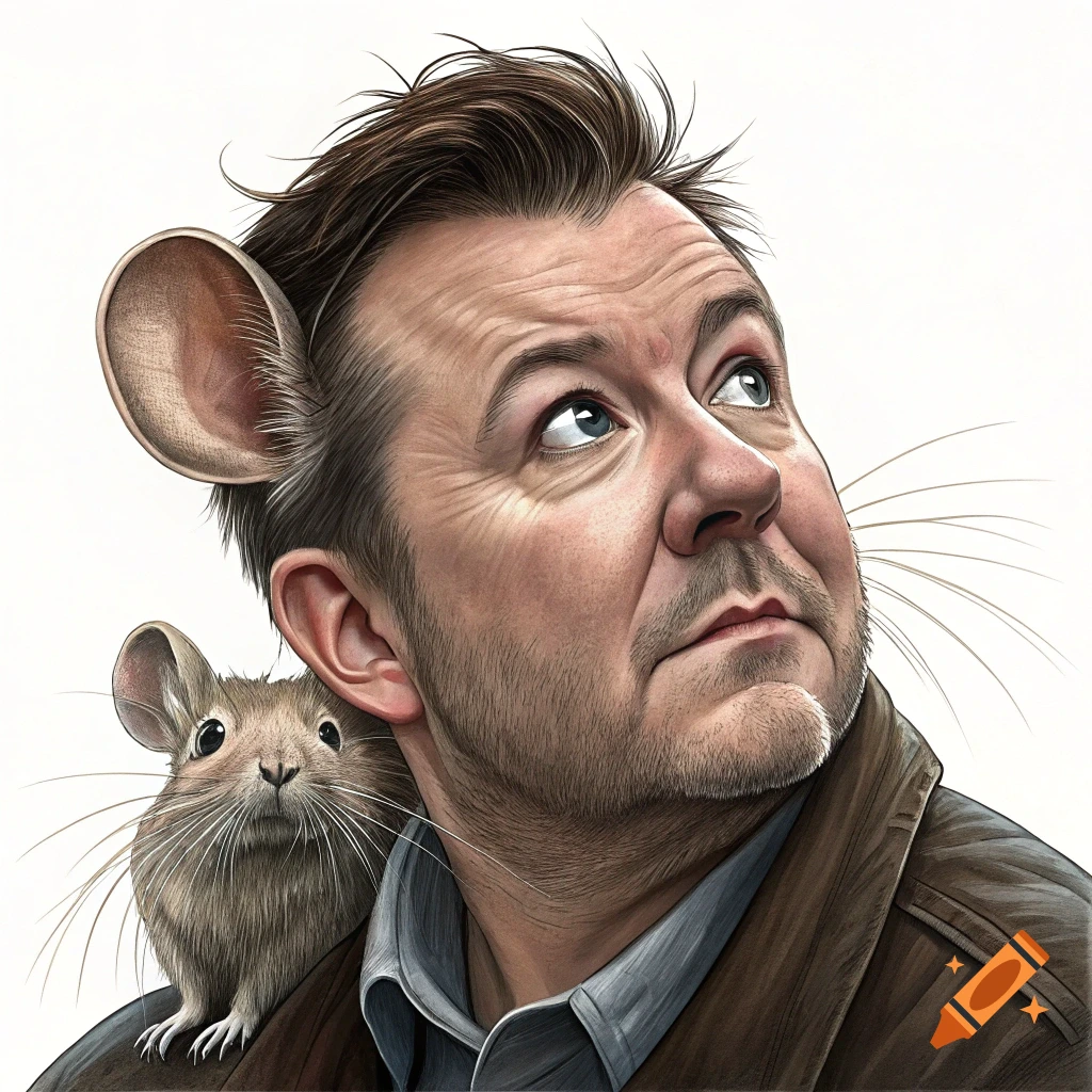 A man resembling Ricky Gervais with a large mouse ear and a mouse on his shoulder.
