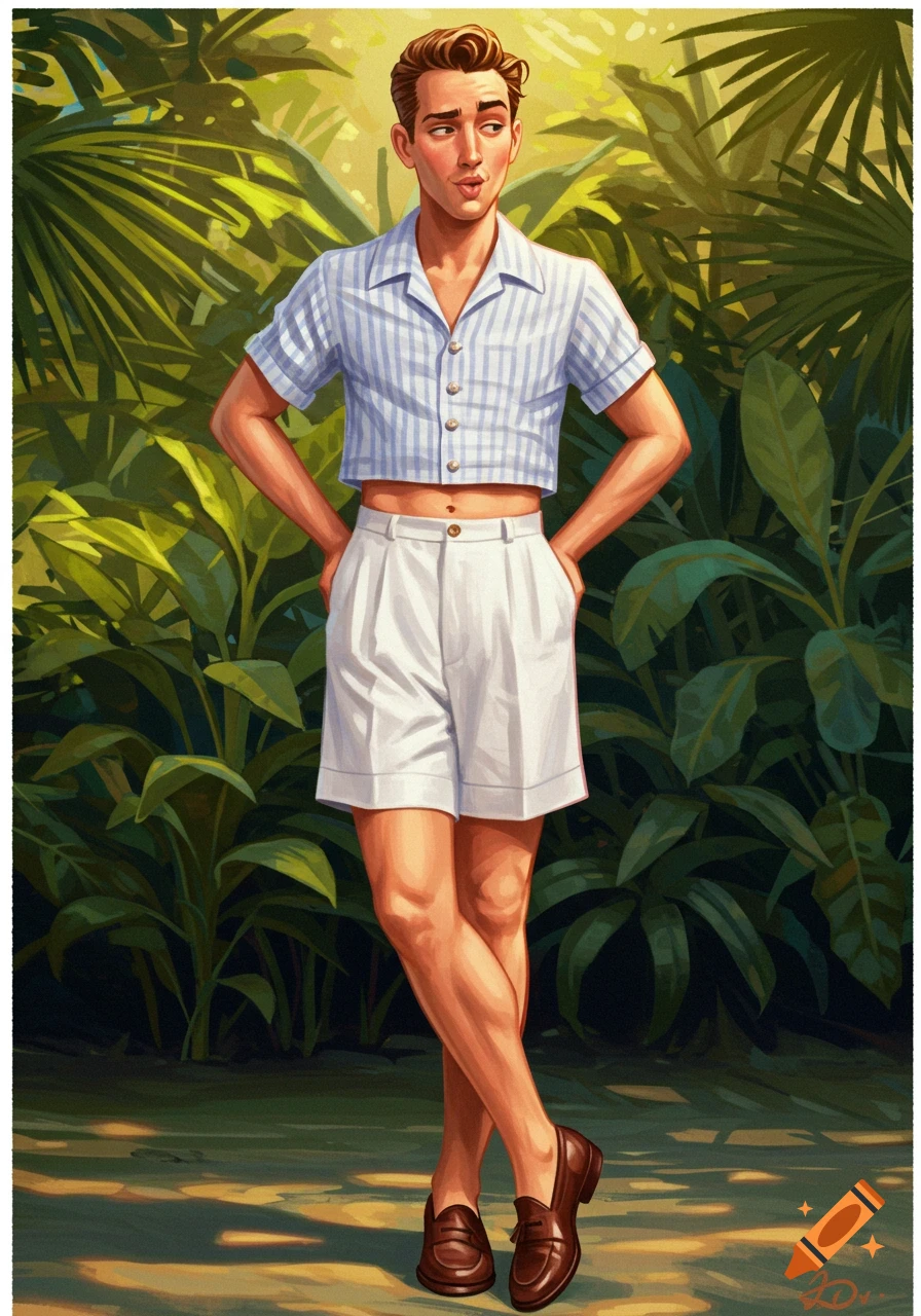 Illustration of a man in a crop top, shorts, and loafers posing in a tropical setting.
