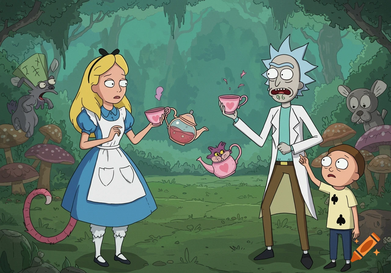Alice and Rick hold teacups in a forest with Morty and other characters, in Rick and Morty cartoon style.