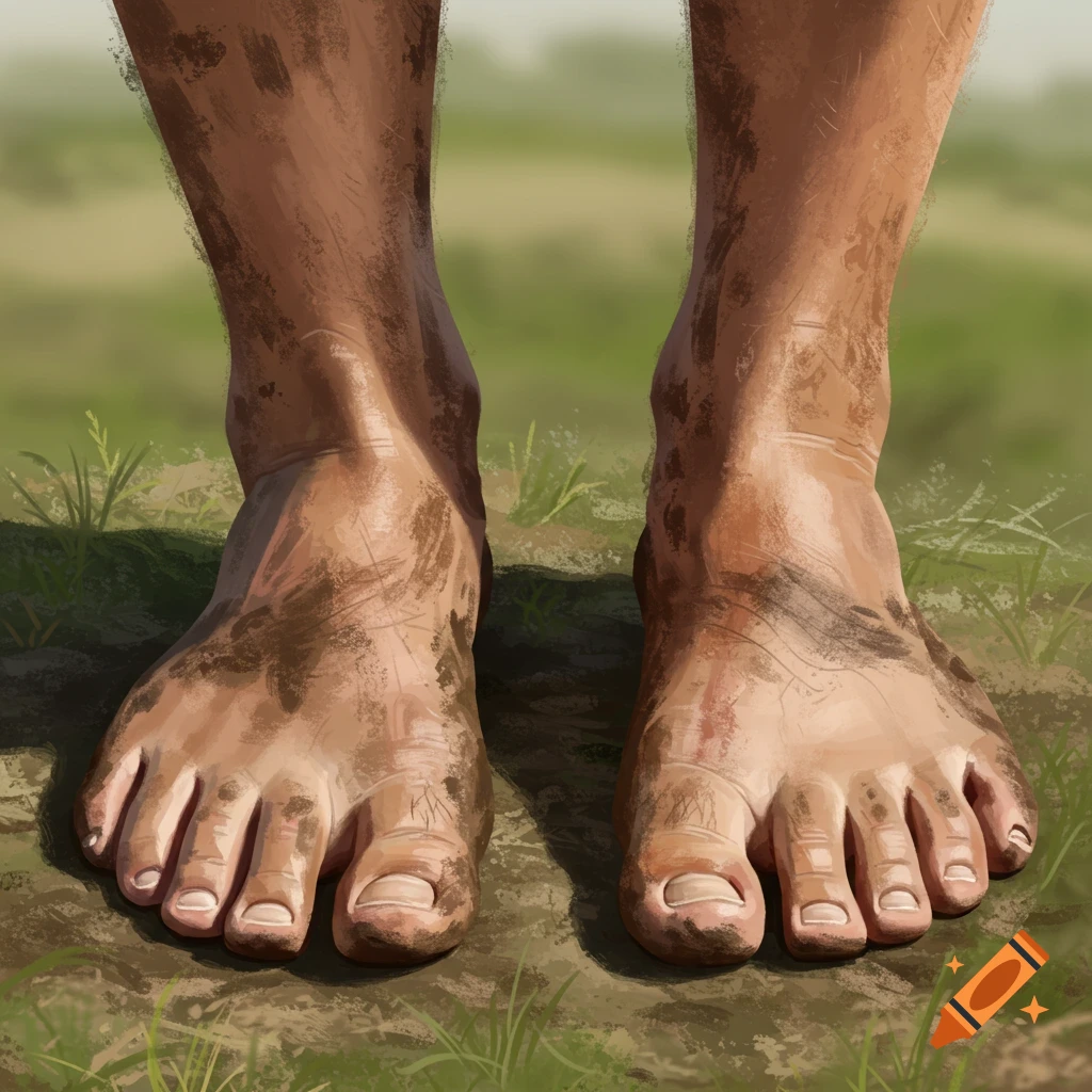 Close up of bare dirty feet standing on grass and dirt in a painterly style.