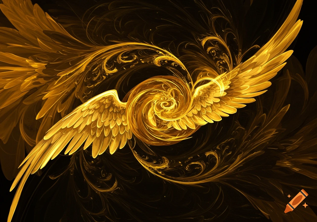 Abstract golden wings and swirling light on a black background.