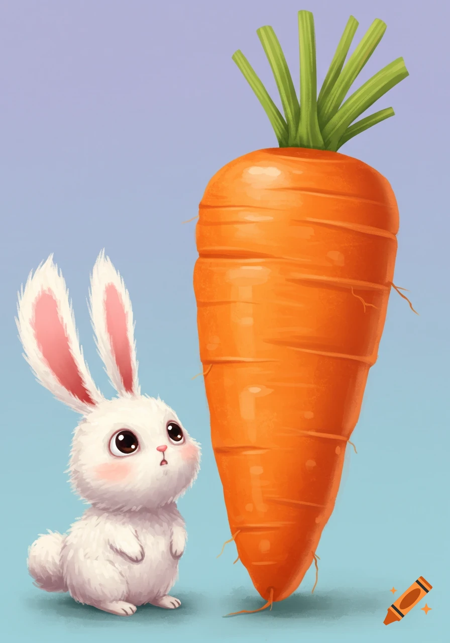 A cute white cartoon bunny looks up at a giant orange carrot against a blue background.