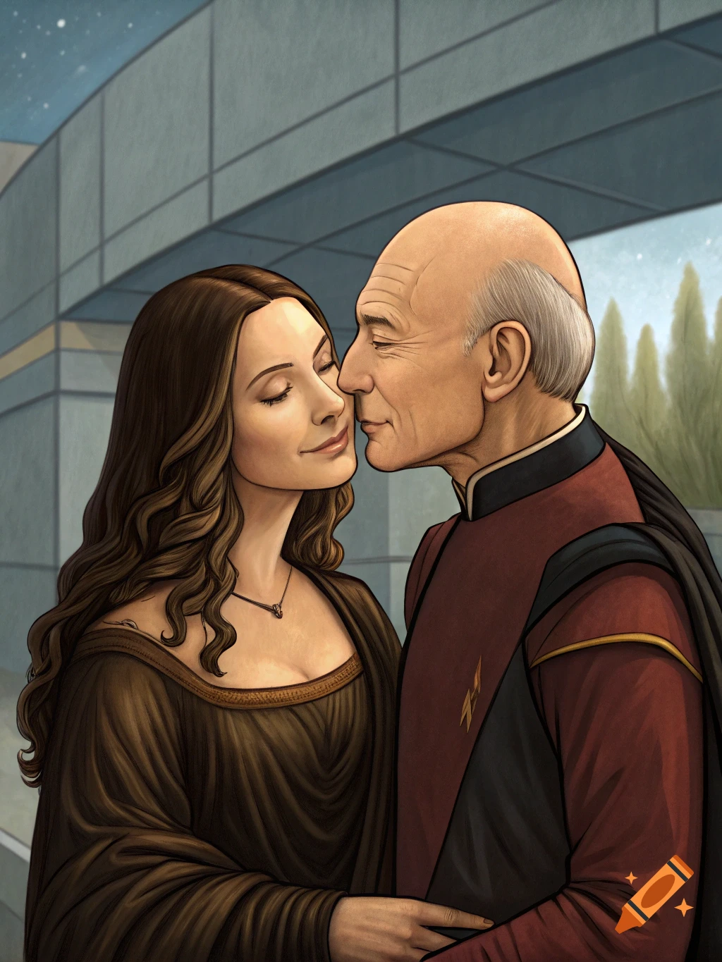 Illustrative portrait of Mona Lisa and Patrick Stewart in Star Trek uniforms about to kiss