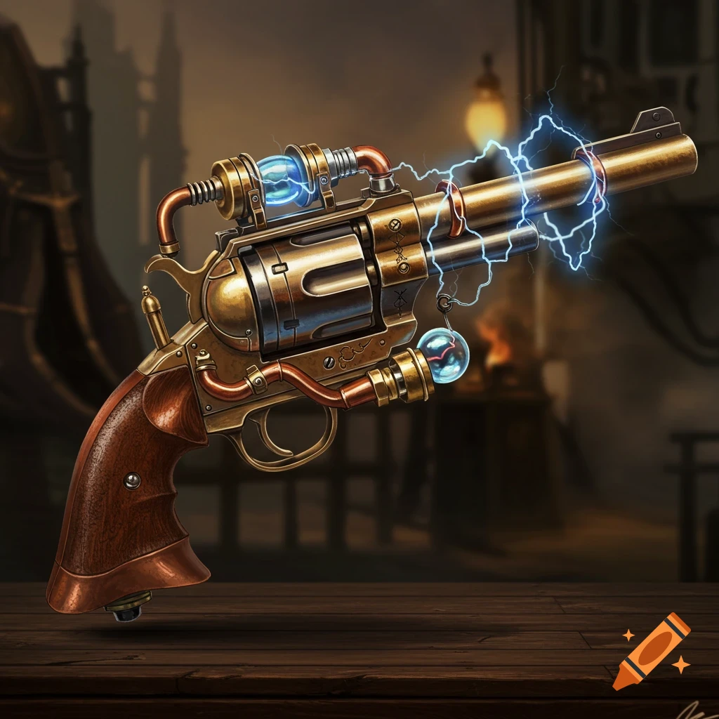 Detailed steampunk revolver with a glowing teslacoil barrel and crystal orb