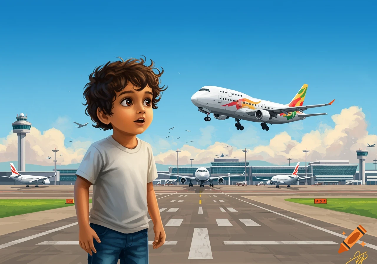 Illustration of a young boy standing on a runway watching an airplane land at an airport.